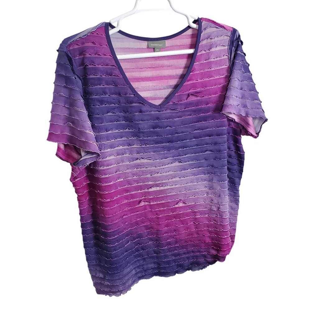 Essentials Size 2X Top Tee Tie Dye Striped Ruffle Ombre Gradient Stretch V Neck